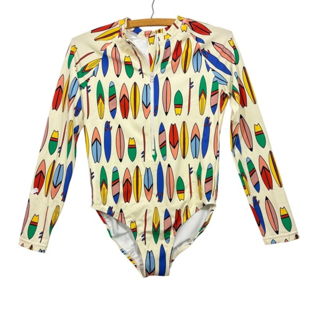 Hanna Andersson Kids Surfboard Print Long Sleeve Rash Guard Swimsuit Size 12